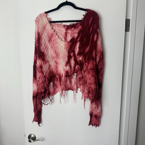Red & White Tie Dye Distressed Cropped Sweater Skylar & Madison - Picture 2 of 6